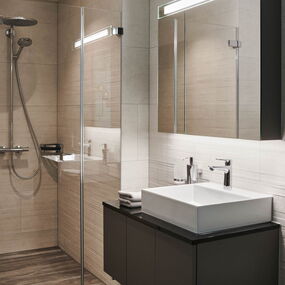 Badezimmer: Badmöbel mit Aufsatzbecken und Spiegelschrank