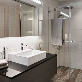 Badezimmer: Badmöbel mit Aufsatzbecken und Spiegelschrank