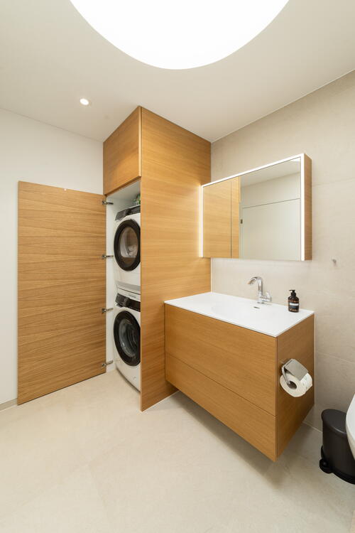 Individueller Innenausbau: Badezimmer mit Einbauschrank für Waschmaschine und Tumbler